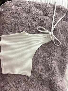 aerie White Ribbed One-Shoulder Halter Crop Top